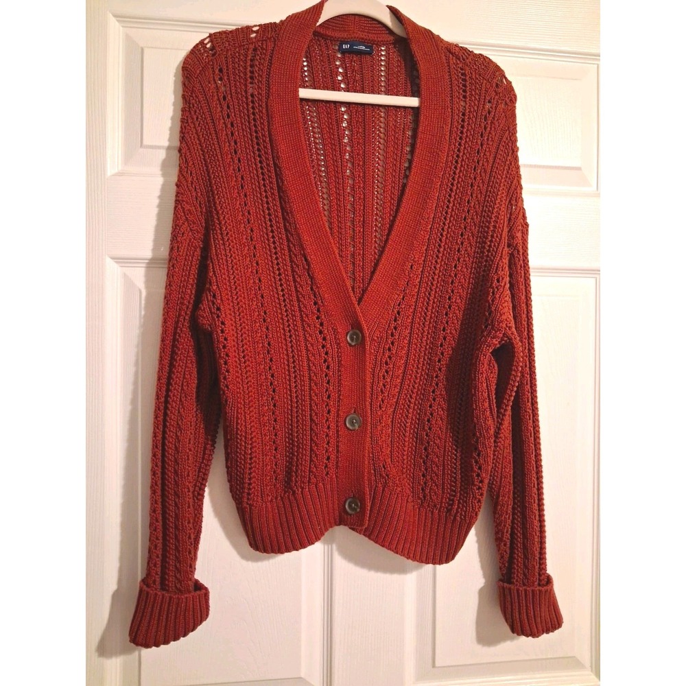 GAP Womens LG Rust Brown Open Knit Cardigan 100% Cotton Boho Oversized Sweater